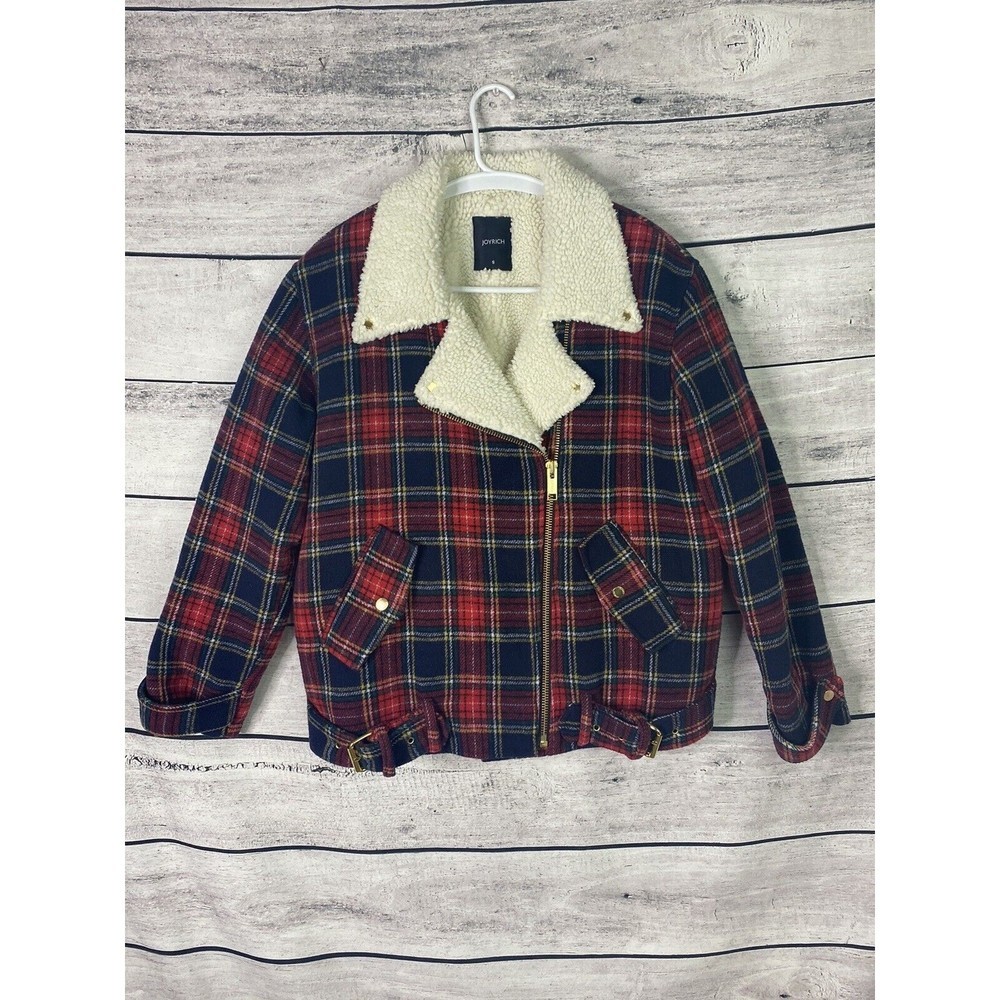 Joyrich Plaid Sherpa Wool Jacket Womens Size Medium Heavy Duty Pockets Buckles